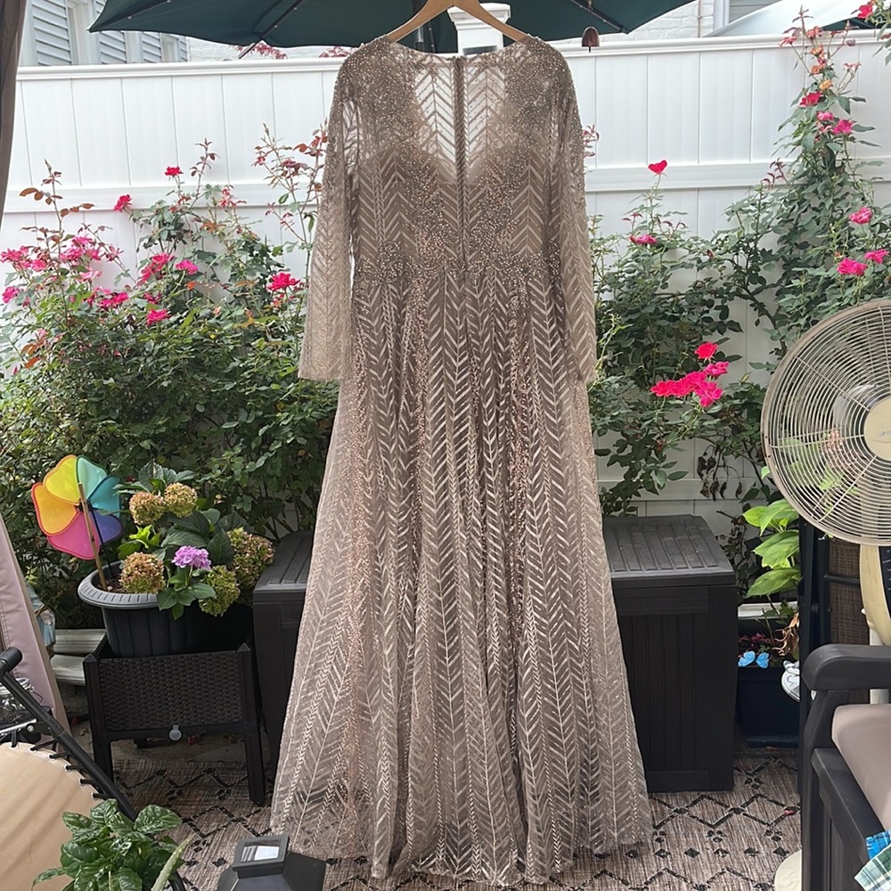 Ieena Mac Duggal - Embellished Illusion Long Sleeve Taupe A-line Gown - Picture 11 of 17